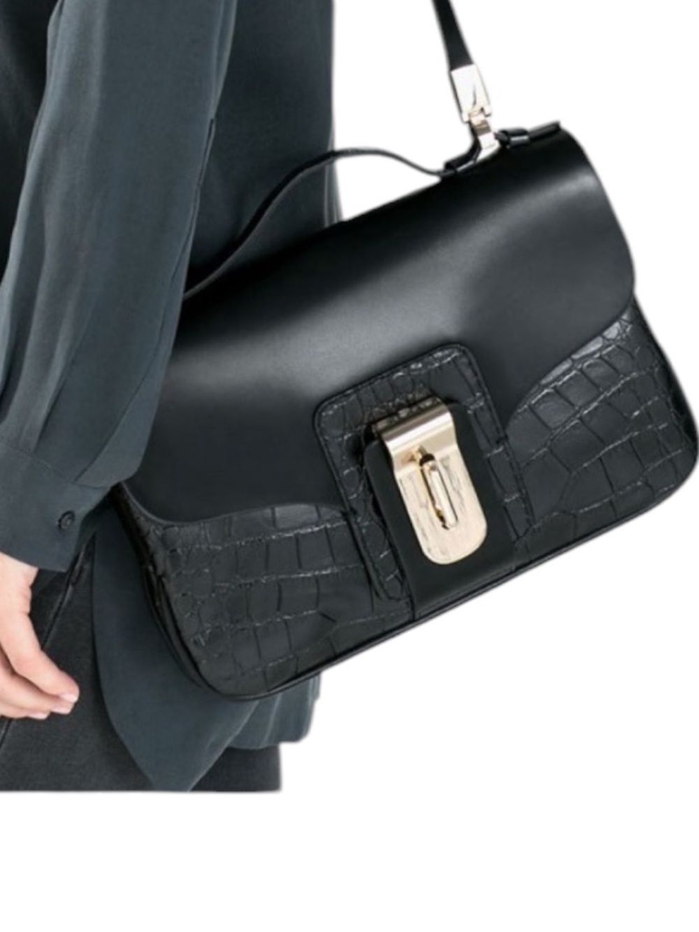 Zara Black Crocodile Embossed Messenger Crossbody Bag